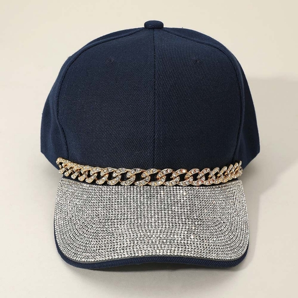 Navy Blue Gold Chain Link Rhinestone Crystal Brim Baseball Cap Studded Hat Bling - Picture 1 of 5